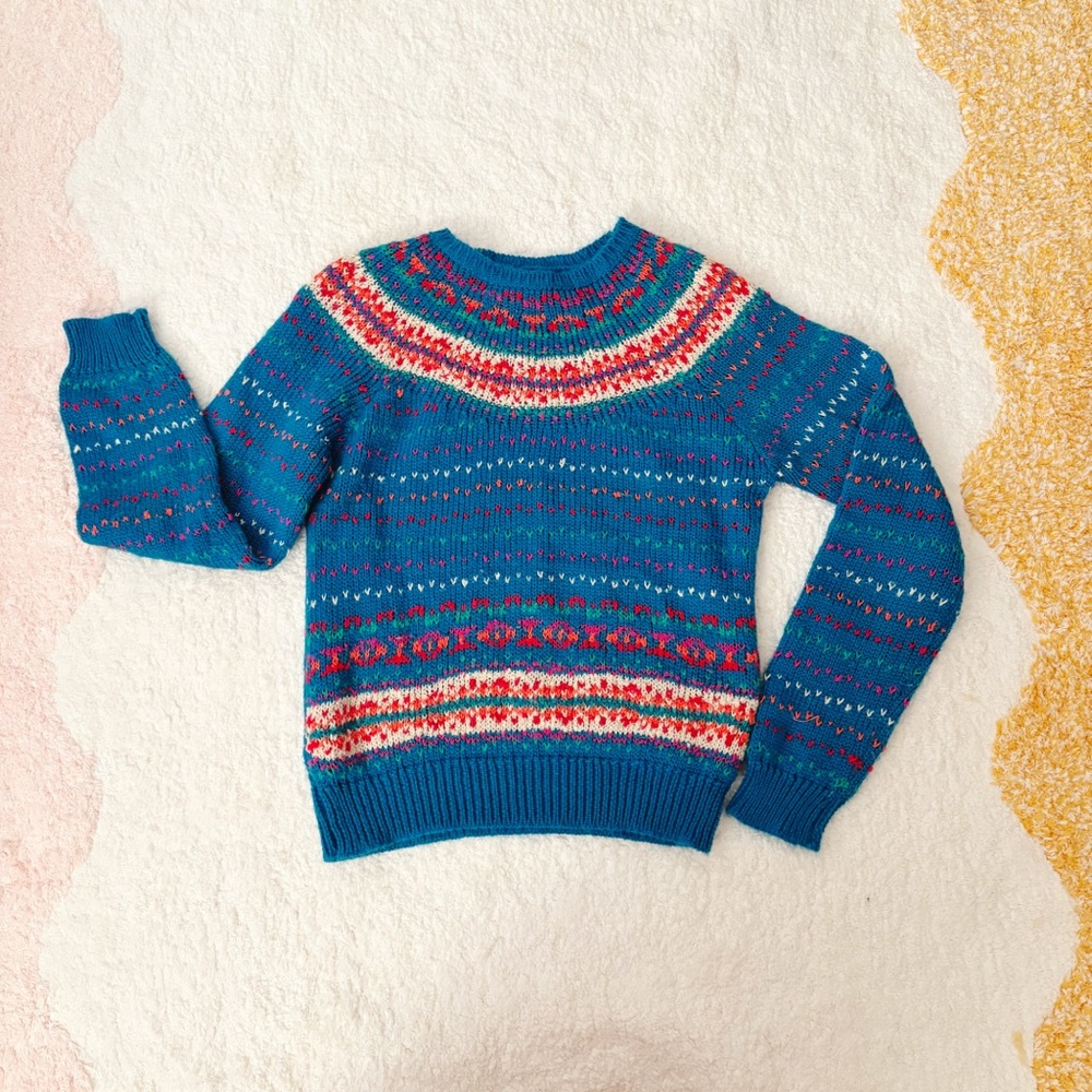 80s VINTAGE Richwil’s Back to Back Teal Fairisle Oversized Multicolor Sweater